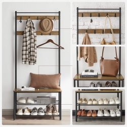 Garderobestativ med knagerkker og 2 skohylder - valnd brun