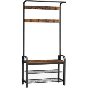 Garderobestativ med knagerkker og 2 skohylder - rustik brun