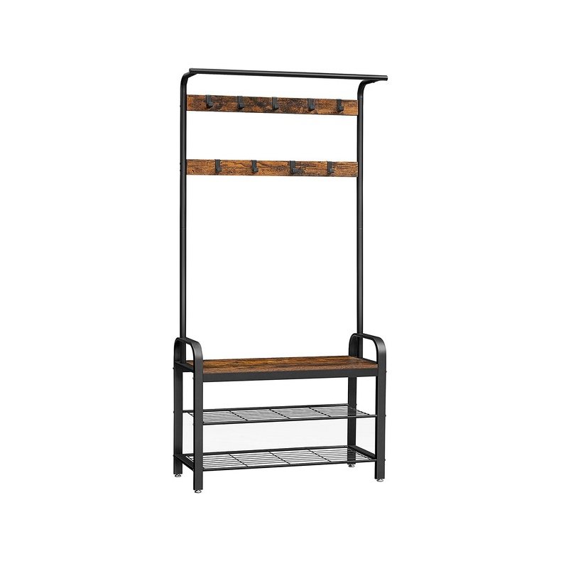 Garderobestativ med knagerkker og 2 skohylder - rustik brun
