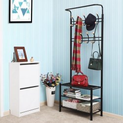 Garderobestativ i metal med knagerkker og 3 hylder - sort