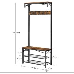 Garderobestativ med siddebnk, knager og skohylder - rustik brun
