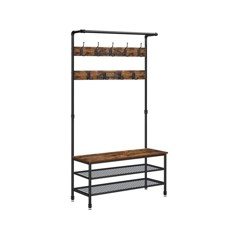 Garderobestativ - tjstativ med bnk, knager og hylder - rustik brun