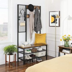 Garderobestativ med skobnk, knagerkke og hylder - rustik brun