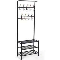 Garderobestativ i metal med knagerkker og 3 hylder - sort