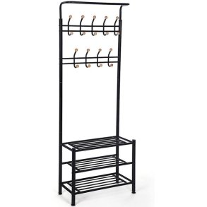 Garderobestativ i metal med knagerkker og 3 hylder - sort