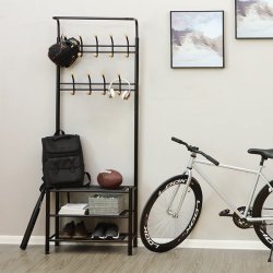 Garderobestativ i metal med knagerkker og 3 hylder - sort