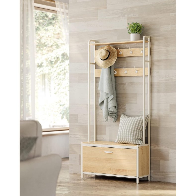 Garderobestativ med knager�kker og skoskab - eg brun og hvid