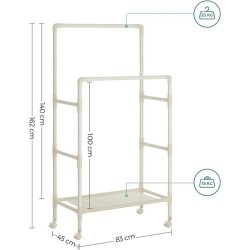 Tjstativ med hjul, skohylde og dobbelt tjstang - hvid