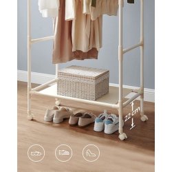 Tjstativ med hjul, skohylde og dobbelt tjstang - hvid