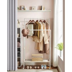 Tjstativ med hjul, skohylde og dobbelt tjstang - hvid