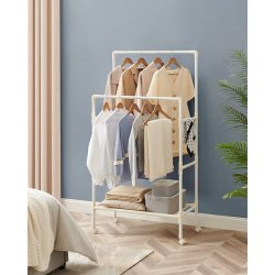 Tjstativ med hjul, skohylde og dobbelt tjstang - hvid