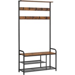 Garderobestativ med knagerkker, siddebnk og skohylder - brun