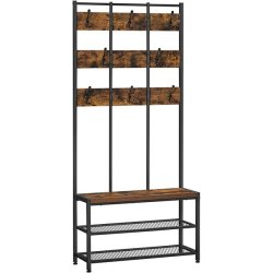 Garderobestativ med knagerkker, siddebnk og skohylder - brun