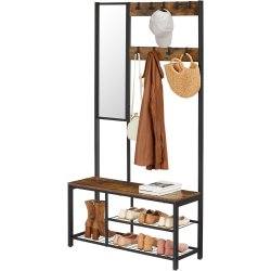 Garderobestativ med bnk og spejl - tjstativ - rustik brun