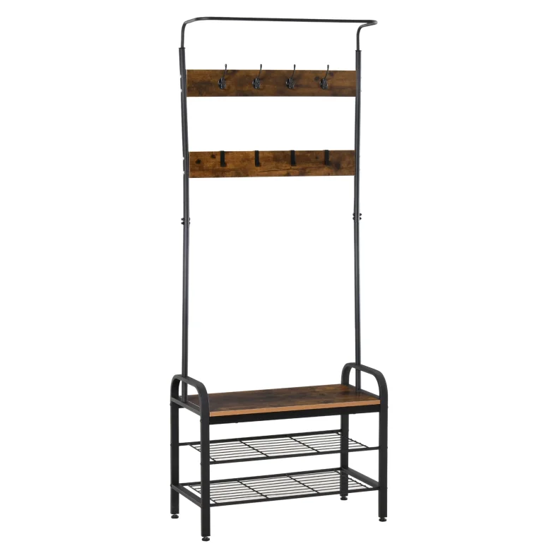 Garderobestativ med knagerkker og siddebnk - vintage brun