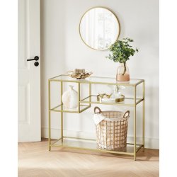 Konsolbord - sidebord med h�rdet glas og gyldent stel 100x35x80