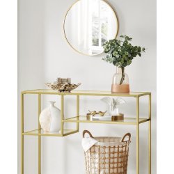 Konsolbord - sidebord med h�rdet glas og gyldent stel 100x35x80