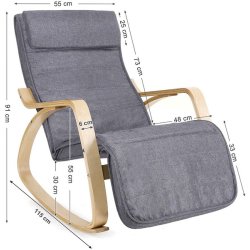 Gyngestol i birketr� med justerbar fodst�tte - gr� bomuld stof