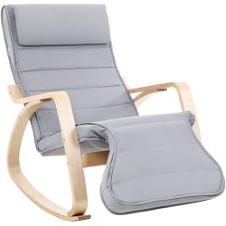 Gyngestol i birketr� med justerbar fodst�tte - lysegr� stof