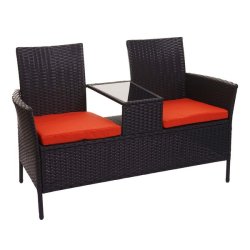Havebnk til 2 personer med bord - sort polyrattan med orange hynder - 132 cm