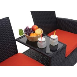 Havebnk til 2 personer med bord - sort polyrattan med orange hynder - 132 cm