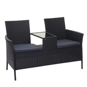 Havebnk til 2 personer med bord - sort polyrattan med mrkegr hynder - 132 cm