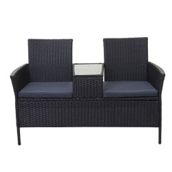 Havebnk til 2 personer med bord - sort polyrattan med mrkegr hynder - 132 cm
