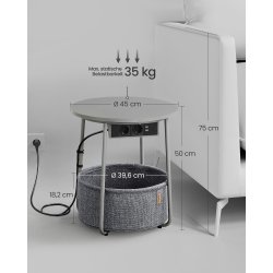 Sidebord - rundt hjrnebord med strmstik - gr 45 x H50 cm