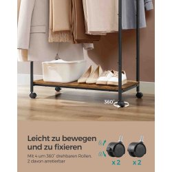 T�jstativ p� hjul med skohylde og 2 t�jst�nger - rustik brun