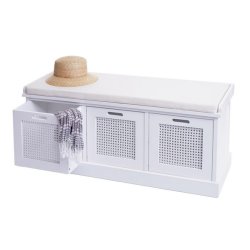 Siddeb�nk med creme hynde og 3 tr�kasser - b�nk med opbevaring - hvid