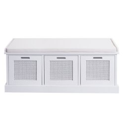 Siddeb�nk med creme hynde og 3 tr�kasser - b�nk med opbevaring - hvid