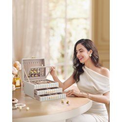 Smykkeskrin med spejl - 3 lags smykkeskrin med skuffer - hvid