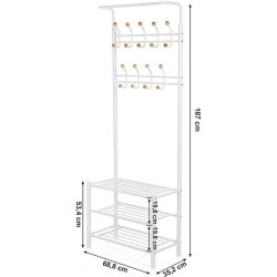 Garderobestativ i metal med knagerkker og 3 hylder - hvid