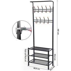 Garderobestativ i metal med knagerkker og 3 hylder - sort