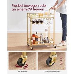 Serveringsvogn - barvogn med spejlglas hylder og gyldent stel