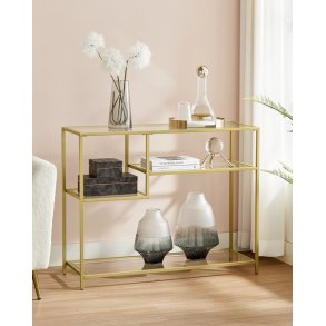 Konsolbord - sidebord med h�rdet glas og gyldent stel 100x35x80