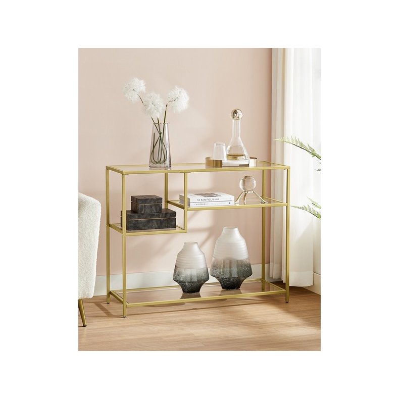 Konsolbord - sidebord med h�rdet glas og gyldent stel 100x35x80