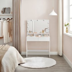 Sminkebord - kosmetikbord med lys, spejl og skuffer - hvid