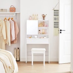 Sminkebord - kosmetikbord med spejl, skuffe og hylder - hvid