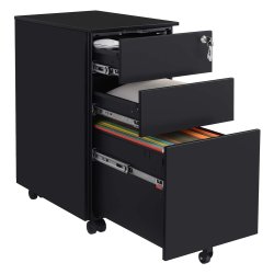 Arkivskab p hjul, med ls og 3 skuffer - sort 30x45x60 cm