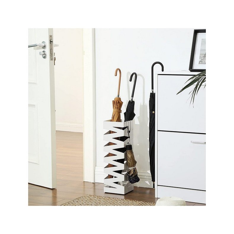 Paraplyholder med kroge og drypbakke - hvid paraplystativ