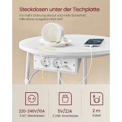 Sidebord - rundt hjrnebord med strmstik - hvid 45 x H50 cm