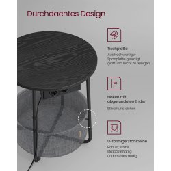 Sidebord - rundt hjrnebord med strmstik - sort 45 x H50 cm