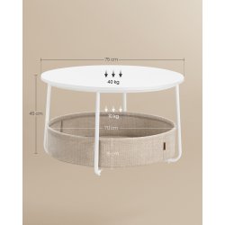Sofabord - rundt stuebord med stofkurv - hvid - 75 x H45 cm