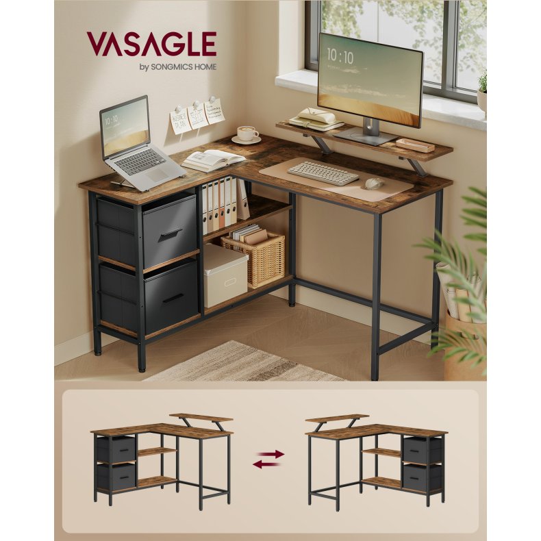 Hj�rneskrivebord med sk�rmstativ - rustik brun 105x115