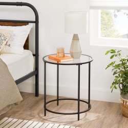 Sidebord - rundt sofabord med h�rdet glas og sort stel - �50