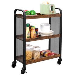 Serveringsvogn p hjul - barvogn med 3 hylder - rustik brun