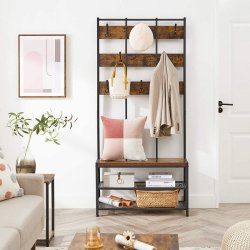 Garderobestativ med knagerkker, siddebnk og skohylder - brun