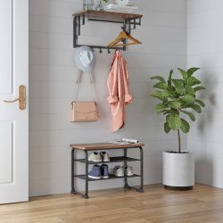 Siddebnk med 2 trdhylder - skobnk med skohylder - rustik brun