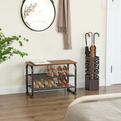 Siddebnk med 2 trdhylder - skobnk med skohylder - rustik brun